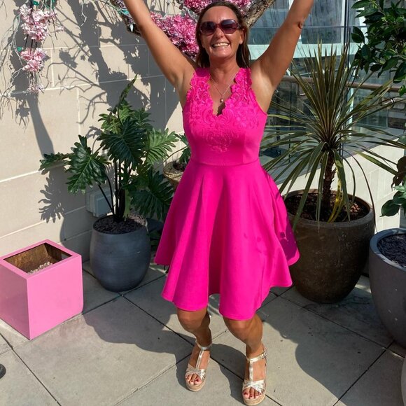 Ted Baker Dresses & Skirts - Ted Baker Taliia Halterneck Embroidered Lace Dress NWT Fuchsia Pink Size 12